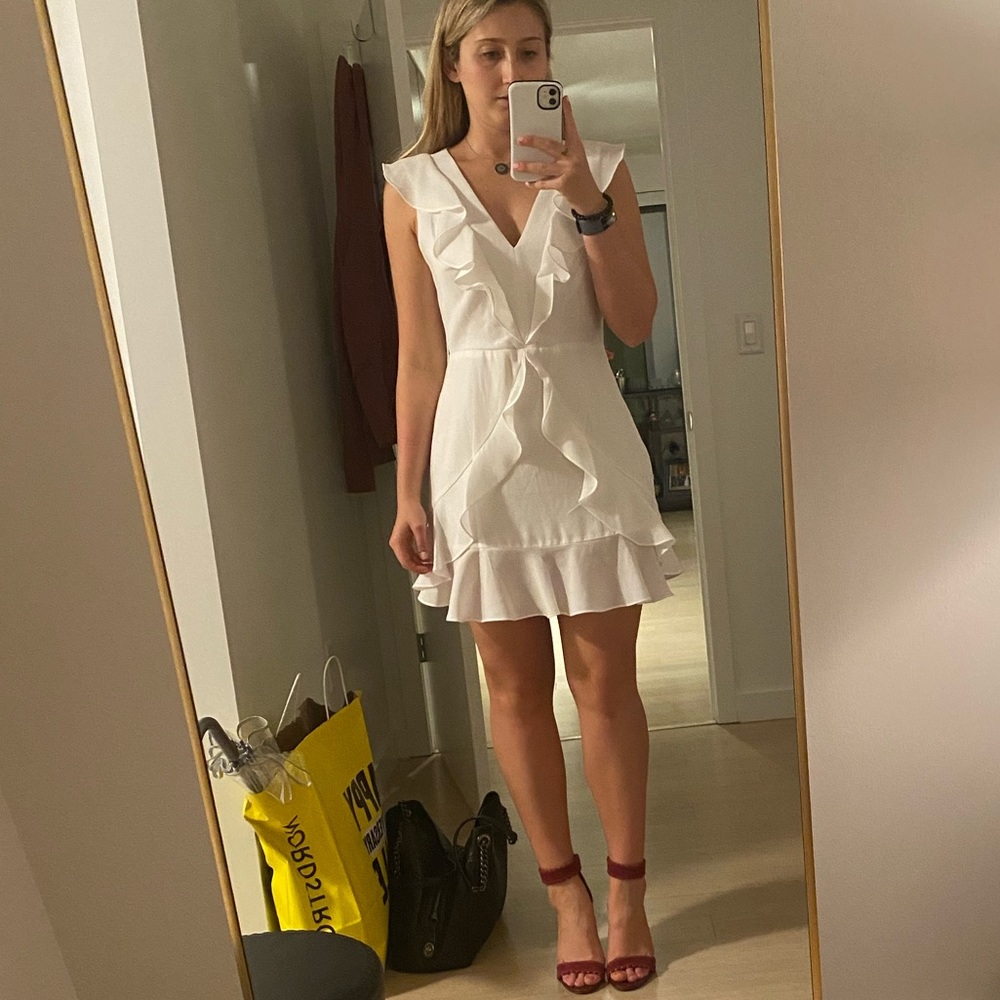 BCBGMAXAZRIA Ruffled Mini Dress, White, Size 10, but fits like an 8. Worn once.